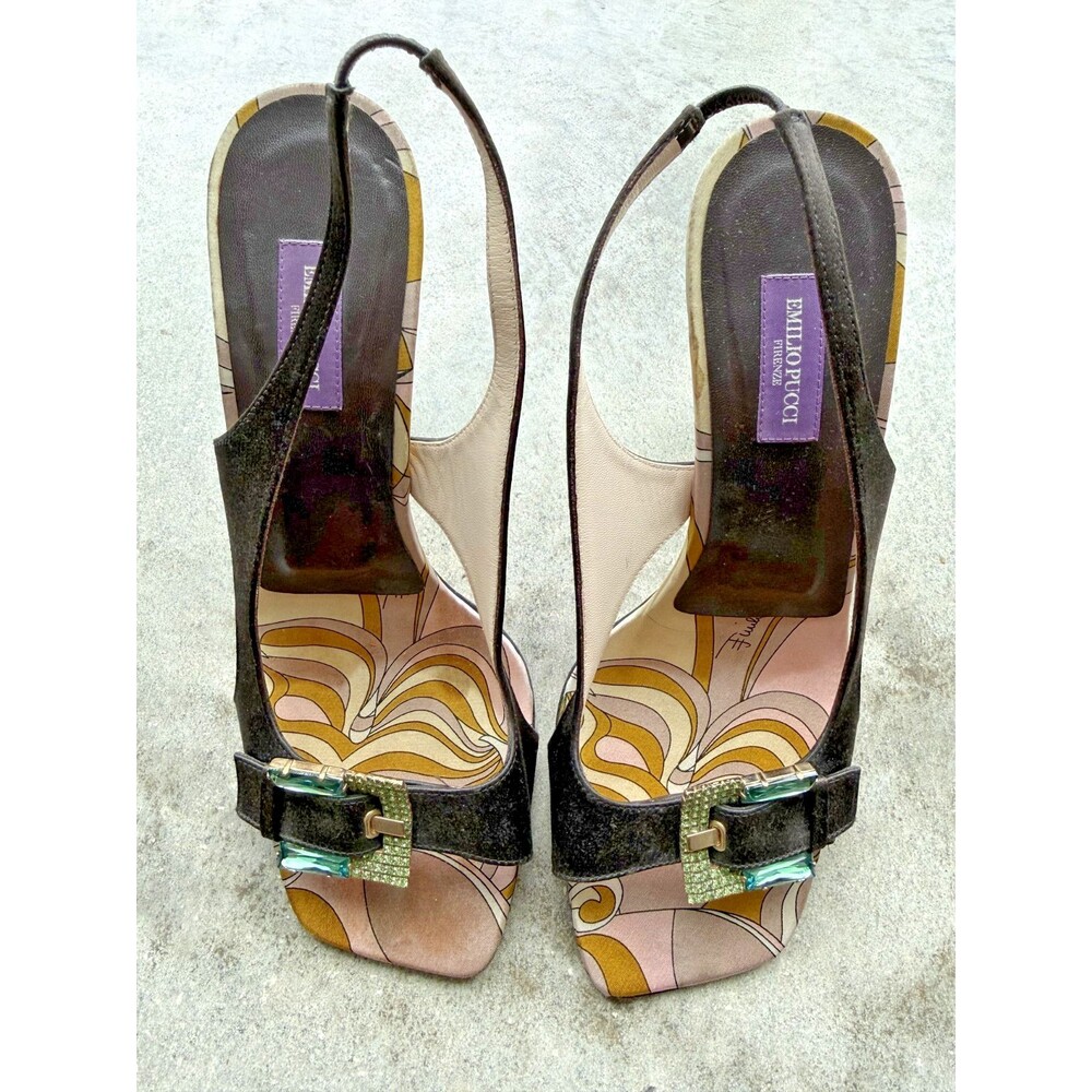Emilio Pucci Crystal Buckle Slingback Pumps Black Satin Print EU 39 Y2K